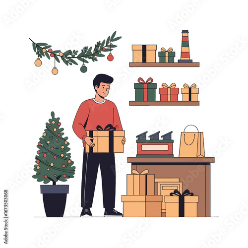 Man Arranging Christmas Presents near Decorated Tree and Shelves With Festive Holiday Decoration in a Pixel Art Style