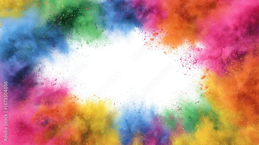 Obraz premium Frame border with copy space of colorful rainbow holi paint color powder explosion isolated white background.