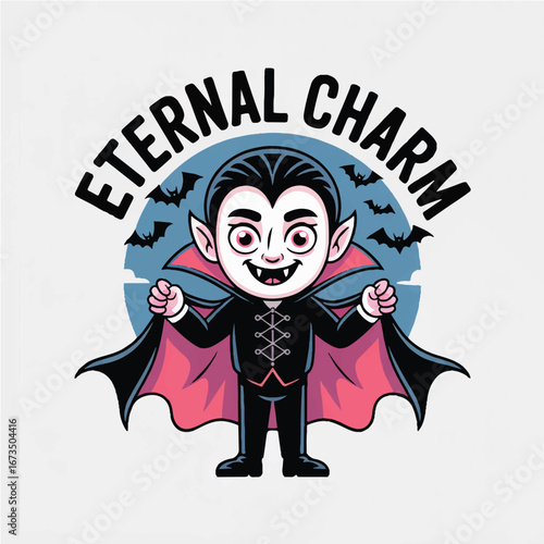 Cute Dracula Emblem with Eternal Charm Text and Bats — Kawaii Vampire Mascot