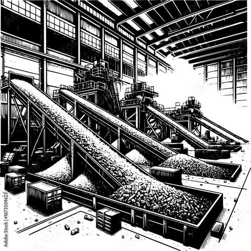 Industrial Conveyor System: A detailed illustration shows the workings of an industrial conveyor system within a vast factory. Conveyors transport materials.