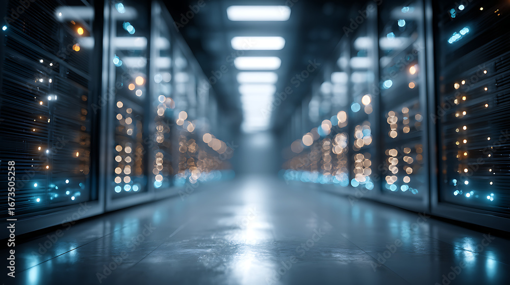 Fototapeta premium blurred server room aisle with bokeh lights and bright blue glow