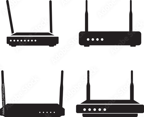 Four black silhouette wireless internet routers isolated on white background