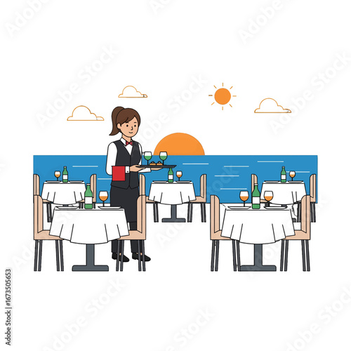 Pixel Art Depiction of Waitress Serving Table at Beachside Restaurant During Sunset with Ocean View Clouds and Warm Atmosphere