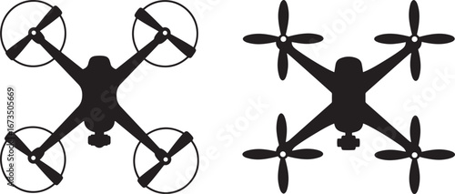 Two black drone silhouettes with propellers isolated on white background