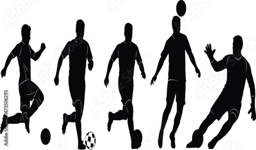 Silhouette of Soccer Players in Action, Football Training Poses, Kicking, Dribbling, Heading, and Goalkeeping Skills on White Background
