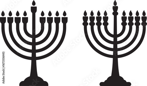 Two black silhouette menorahs with lit candles isolated on white background
