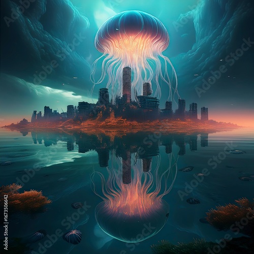 giant jellyfish in city surreal alien creature