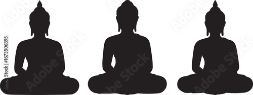 Three identical black buddha statues in silhouette sitting in meditation isolated on white background