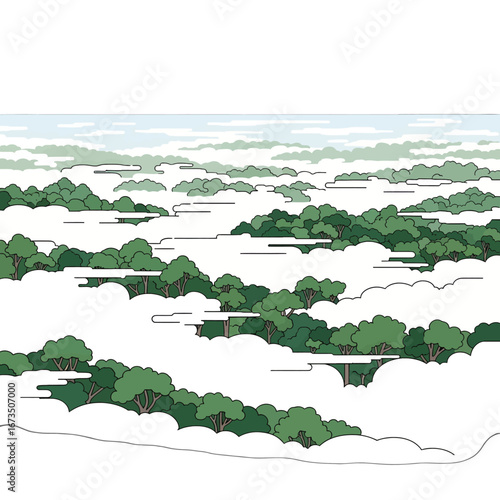 Misty Green Trees Emerging From White Fog Pixel Art Landscape with a Peaceful Overcast Sky