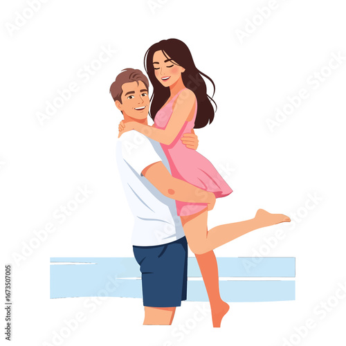 Loving Couple Embracing in Pink Dress and White Shirt with Blue Shorts Celebrating Joyful Occasion in Cartoon Illustration Graphic Art