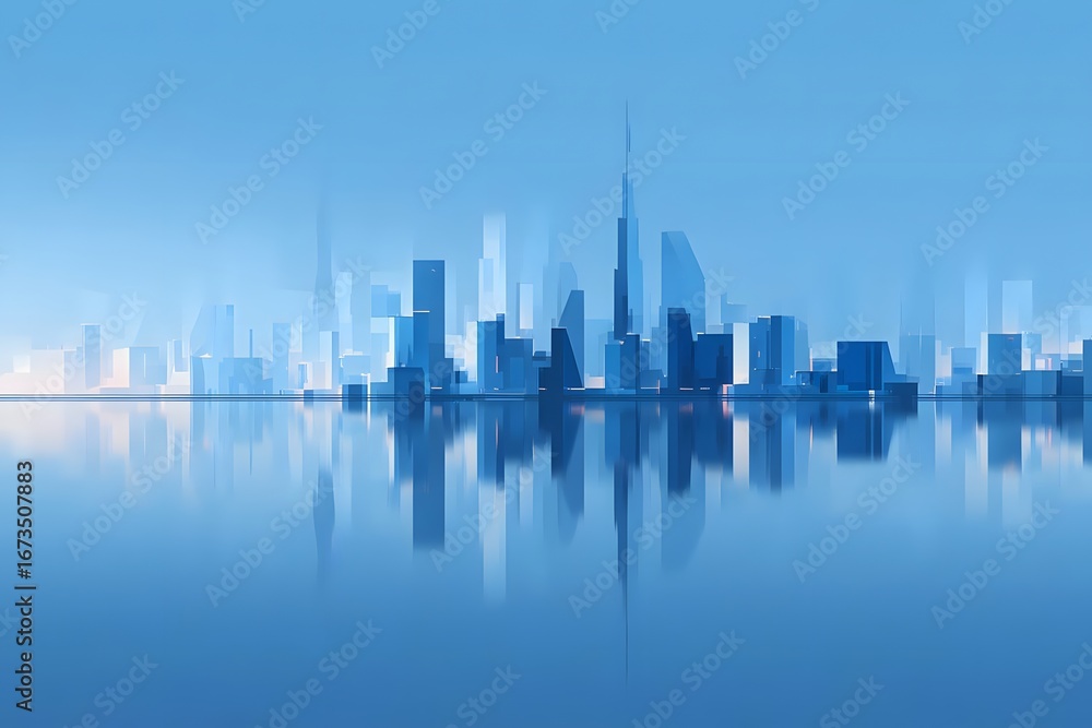 Obraz premium Blue city skyline with reflections.
