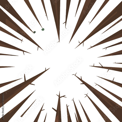 Upward View of Tall Trees in Pixel Art Style Featuring Brown Trunks and an Opening to the Sky in a Forest Setting
