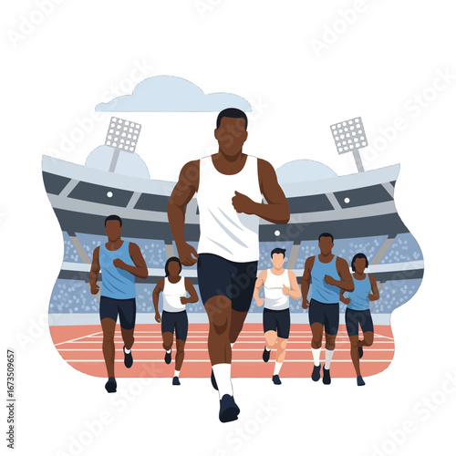 Athletes Running Race on Stadium Track in White and Blue Uniforms on a Sunny Day Vector Illustration