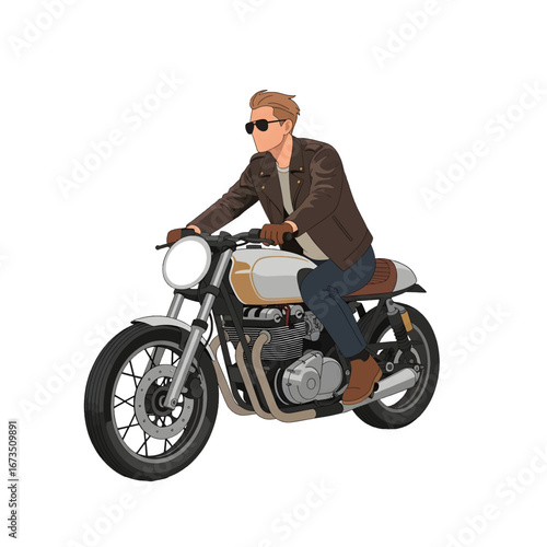 Pixel Art of a Man Riding a Brown and Silver Motorcycle with Dark Blue Denim and Leather Jacket on White Background