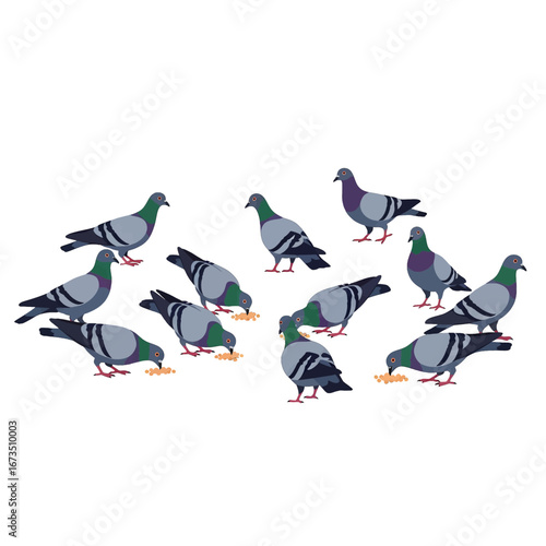Flock of Gray Pigeons Eating Bread Crumbs in Pixel Art Style Minimalist Design Against White Background