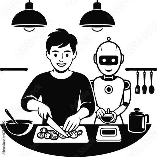 obot and Chef Cooking Together, Icon Vector Design, Transparent Background.