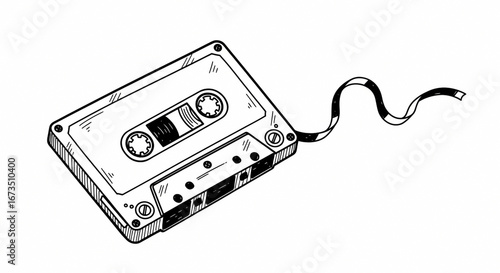 Vintage Audio Cassette Tape with Unwound Magnetic Ribbon Illustration