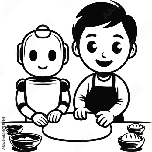 Robot and Child Baking Together Vector Design.