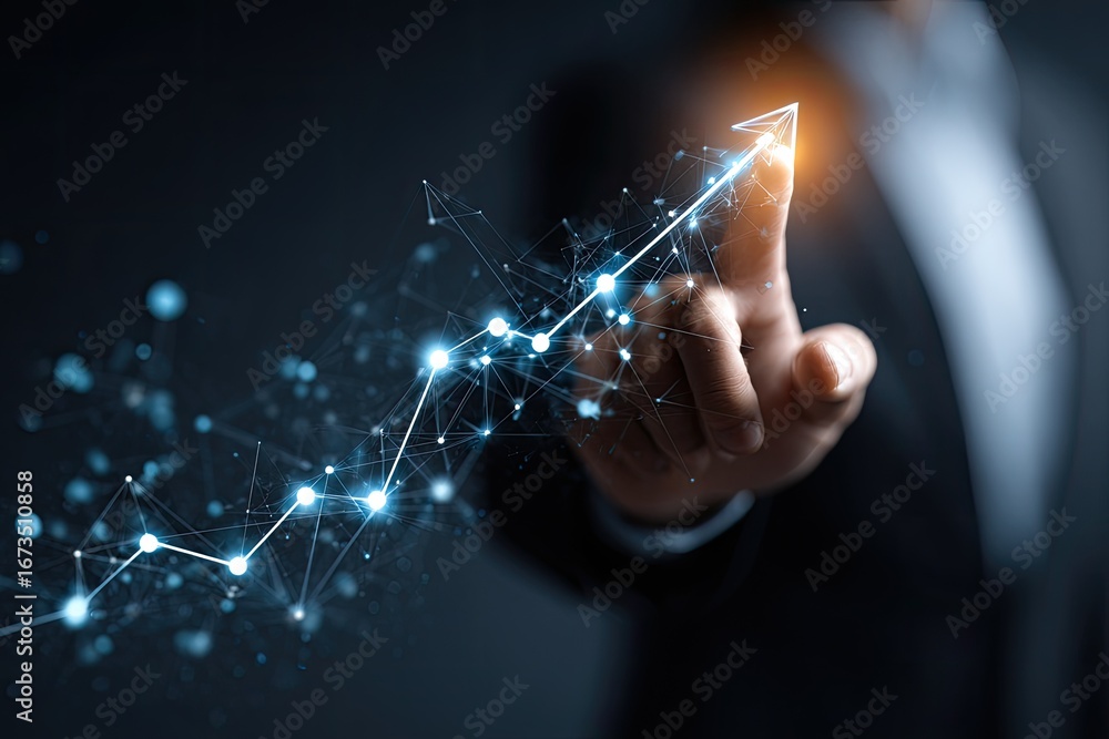 Fototapeta premium Hand points to a rising graph, connected by lines and dots