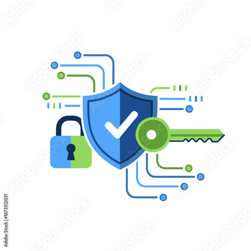 Security shield protects data with key and padlock representing digital safety and privacy in a modern technology concept.
