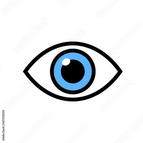 Human eye looking forward with a blue iris on a white backdrop, representing vision, clarity, and perception in a simple, clean style.