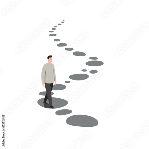 Man walking along winding path of stepping stones on white background, symbolizing journey, progress, and the choices we make in life.