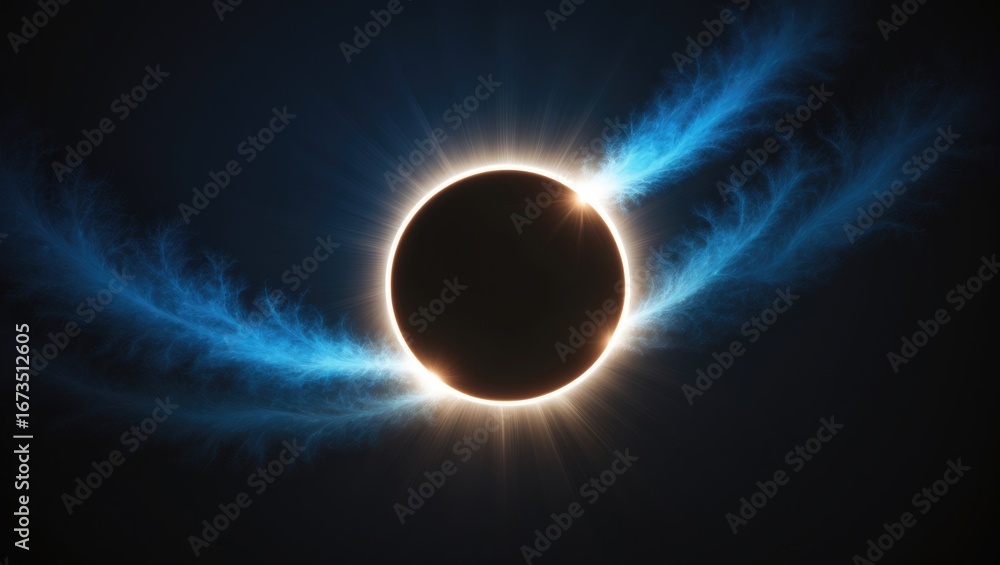Obraz premium Eclipse of the night sky with solar corona and blue light streams, cosmic event, space phenomenon.