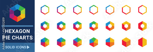 Hexagon pie charts set. Set of hexagon pie charts 3, 4, 5, 6, 7, 8 or 9 steps - Vector