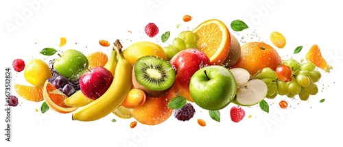 Fruit explosion, flying fruits on a white background, a collection of fresh organic food
