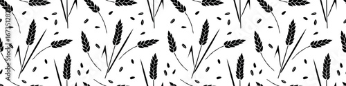 Wheat spikelets and grains, vector seamless pattern in flat style, isolated. Design of print, wrapping paper, packaging on theme of bakery products, flour, harvest, thanksgiving.