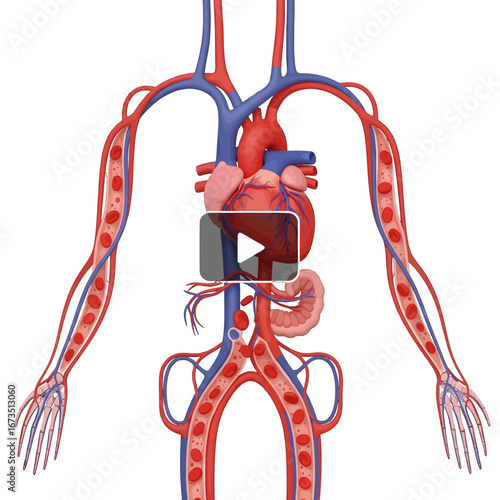 Detailed Cardiovascular System Anatomy Illustration in Red and Blue on White Background