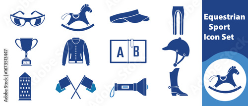 Equestrian sports icon set, horse, rider, equestrian, saddle, bridle, recap, helmet, boots, reins, show jumping, dressage, cross country, eventing, polo, gallop, trot, canter and more