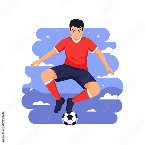 Dynamic Soccer Player Kicking Ball in Mid Air with Stars and Clouds Isolated on White Background