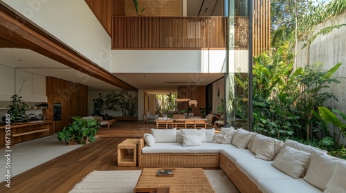 Modern home interior design with wooden floors wicker sofa and indoor plants Large windows showcase a lush green garden