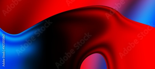 Abstract blue and red liquid wavy shapes futuristic banner. Glowing retro waves wide background