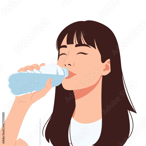 Young Brunette Woman Drinks Clear Water From Plastic Bottle In Isolated White Background Refreshing Hydration and Wellness Theme Pixelated Graphic