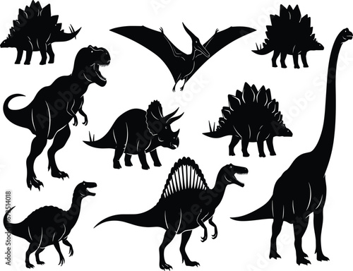 Black silhouette vector illustration of various dinosaur species including T-Rex, Triceratops, Stegosaurus, and Pteranodon for educational and design use