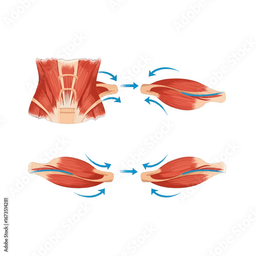 Muscle Contraction Anatomy Diagram with Arrows Depicting Movement on White Background Detailed Medical Illustration for Educational Purposes