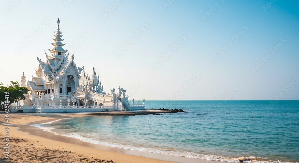 Fototapeta premium 輝く白亜の寺院 海辺に佇む 美しい風景 穏やかな光. AI Generated