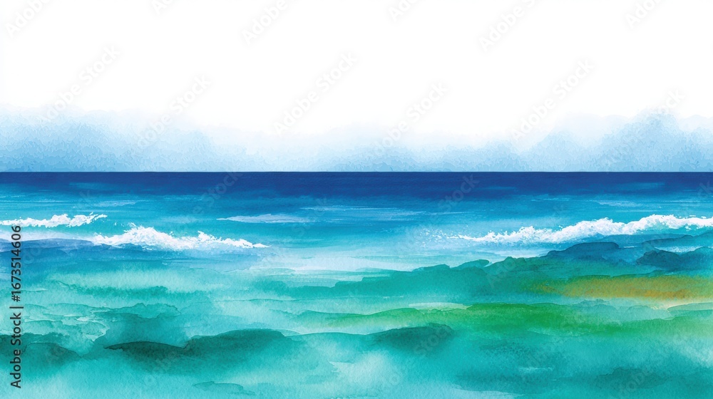 Fototapeta premium Beach background watercolor, Tranquil watercolor seascape featuring gentle waves and a serene horizon blending blues and greens, evoking calmness and relaxation.