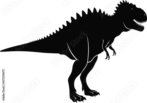 Black silhouette vector of roaring theropod dinosaur with spiked back, sharp teeth, and long tail for prehistoric design content