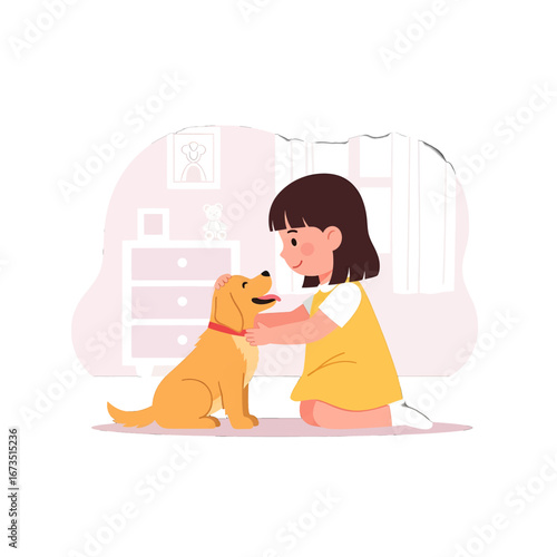 Girl in Yellow Dress Petting Golden Retriever in Bright Room with Childlike Illustration Style Graphic Design