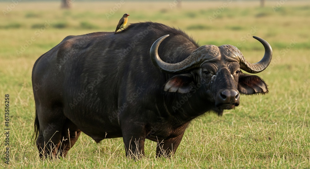 Fototapeta premium 草原に立つ巨大な水牛、穏やかな朝の光浴びて輝く黒毛 小鳥が仲良く乗る. AI Generated