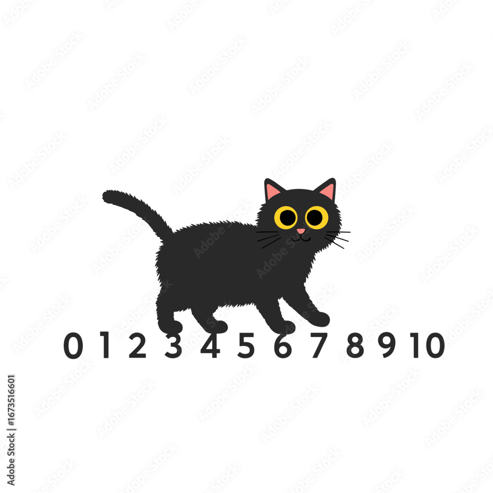 Obraz premium Black fluffy cat with yellow eyes walking beside numbers zero to ten