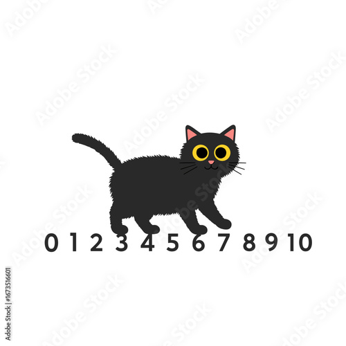 Black fluffy cat with yellow eyes walking beside numbers zero to ten