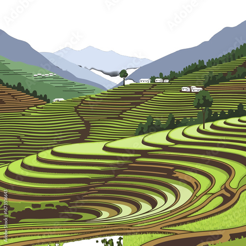 Lush Green Rice Terraces in Valley and Mountains of Asia with White Villages in Background