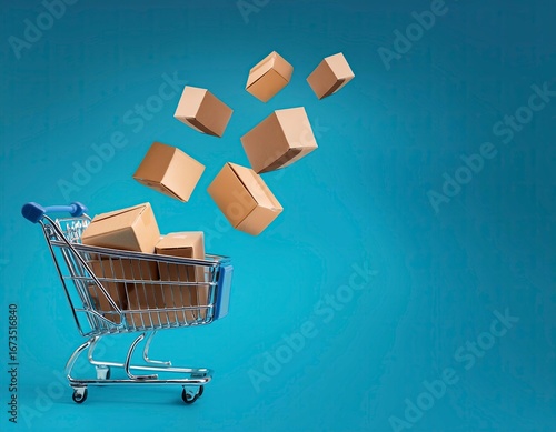 metal shopping cart with cardboard boxes on blue background