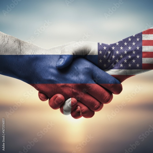 us and russia presidents shaking hands in flag colors