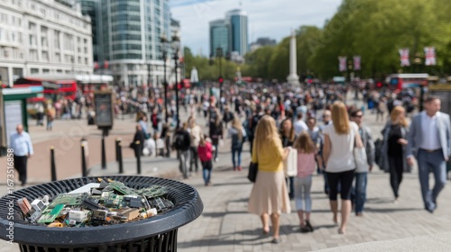 Wallpaper Mural Crowds gather at a busy urban square with a trash bin overflowing with electronic waste on a sunny day in a major city Torontodigital.ca