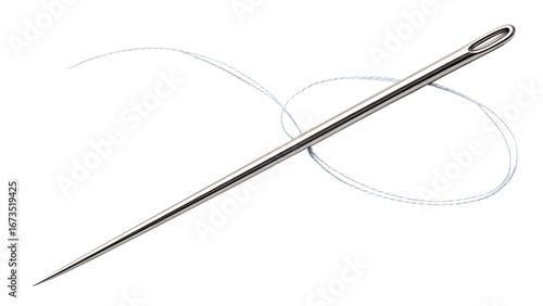 A sewing needle with thread looped through